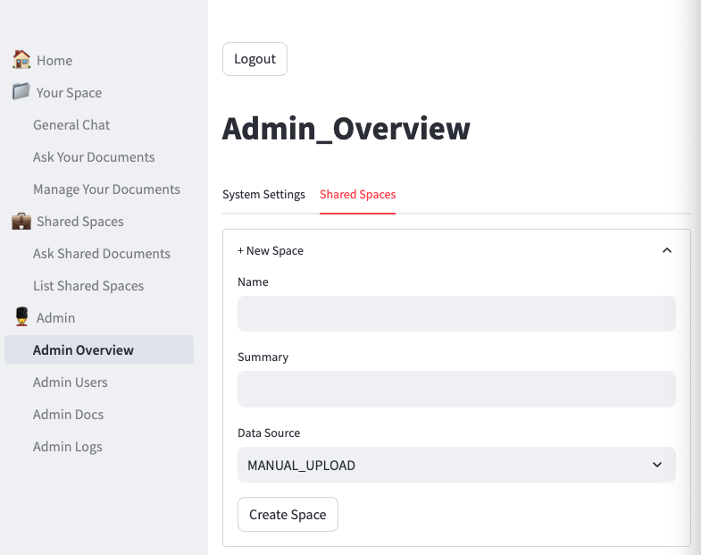 Admin overview create space screenshot