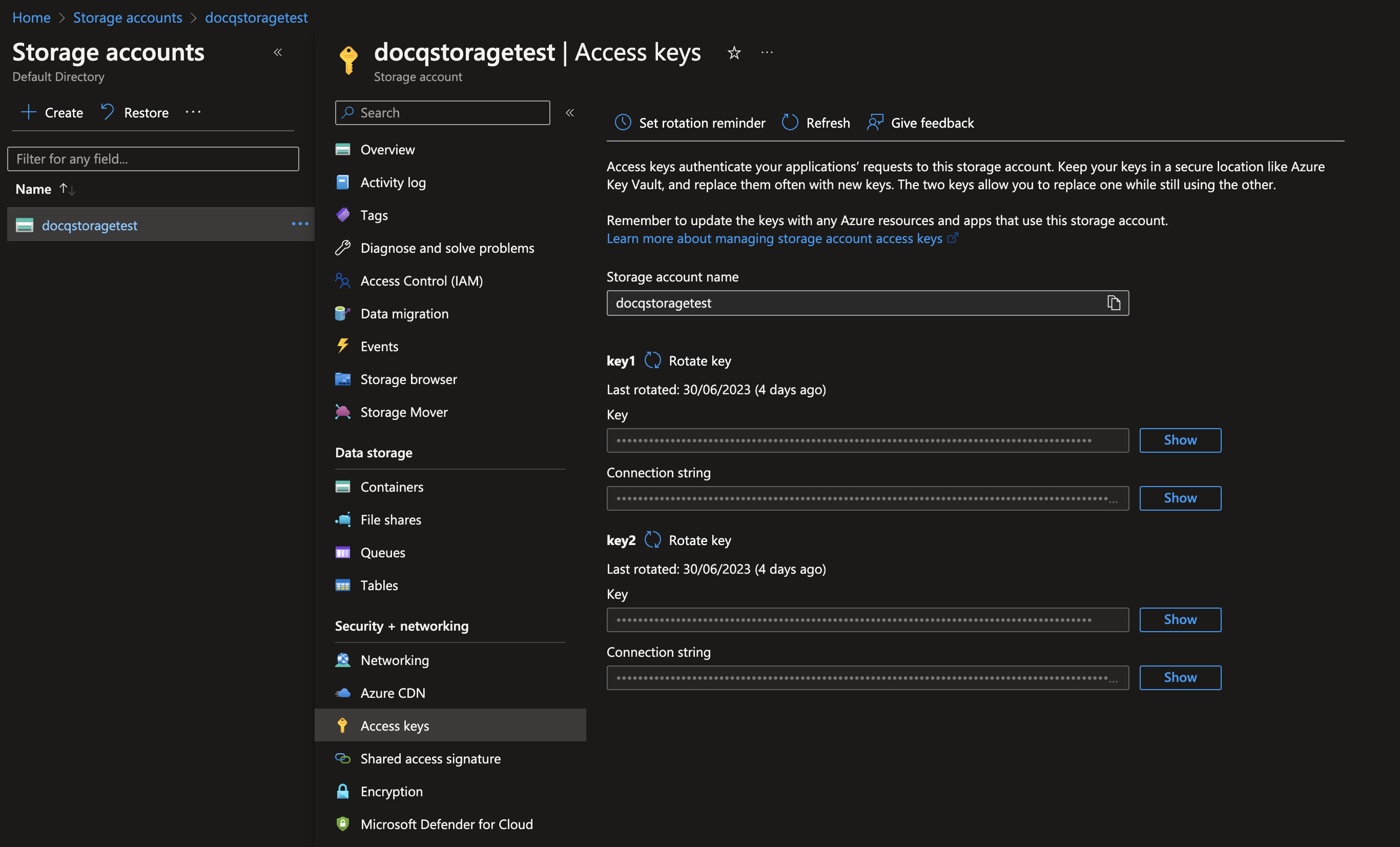 Azure portal storage accounts screenshot