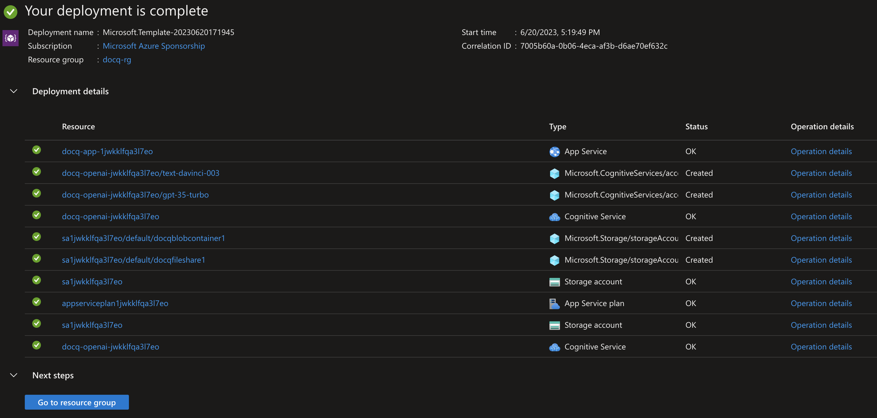 Azure deploy complete screenshot